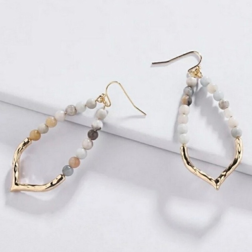 Anthropologie Gold Plated Genuine Amazonite Gemstone Beaded Drop Earrings